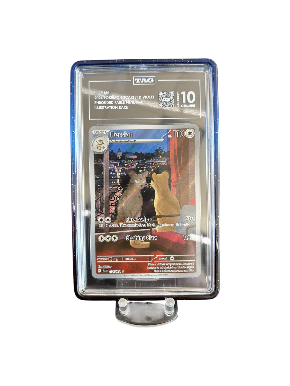 Lowkey Stock Persian 2024 Shrouded Fable Illustration Rare Pokemon card graded TAG 10 Gem Mint in a protective case