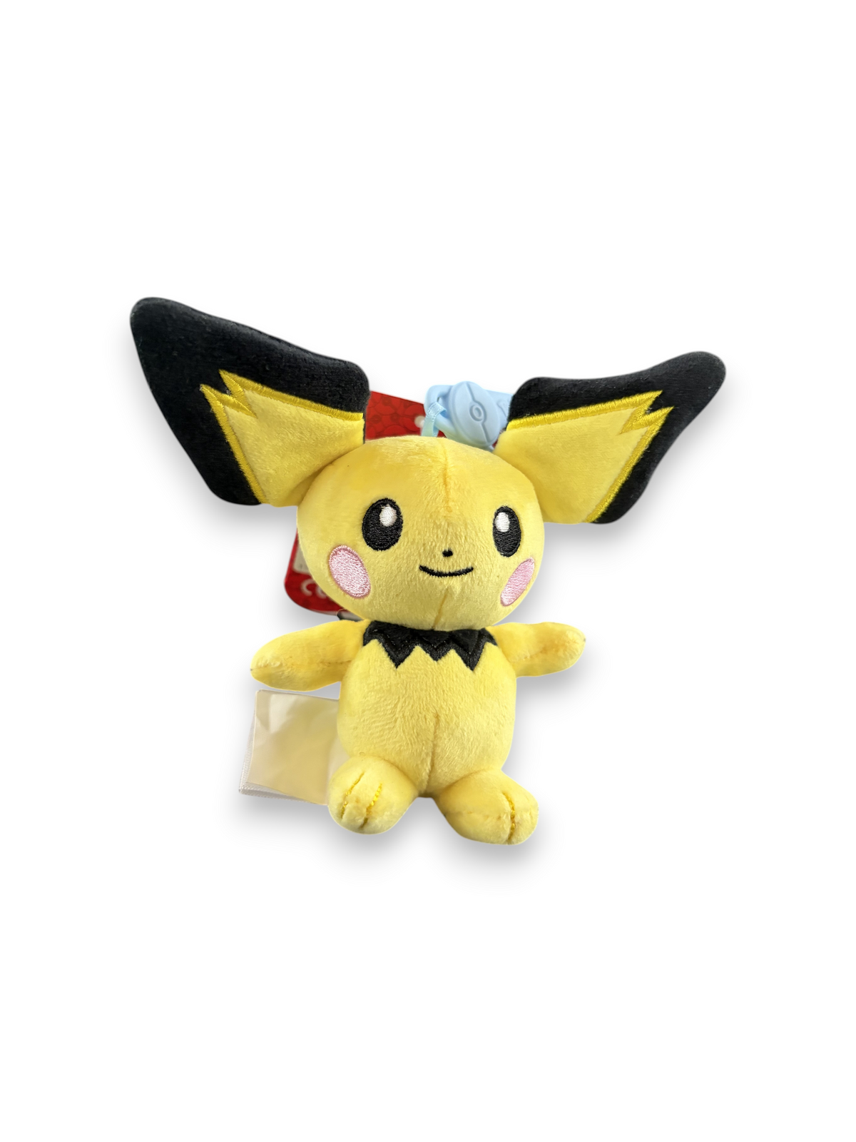 Lowkey Stock yellow Pichu plush keychain with large black ears and pink cheeks