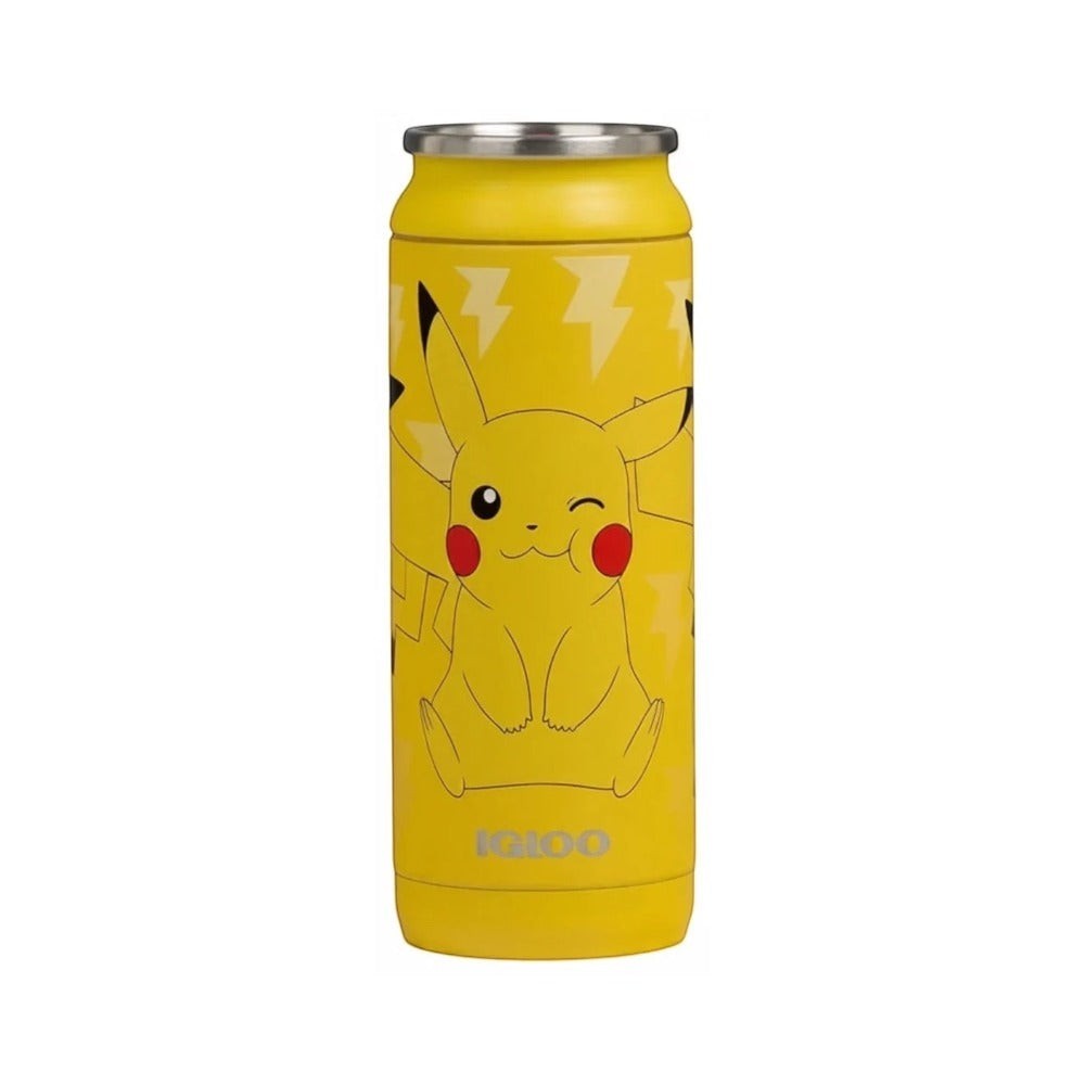 Lowkey Stock Igloo x Pokémon Pikachu yellow stainless steel 16 oz can with lightning bolt design and leakproof lid