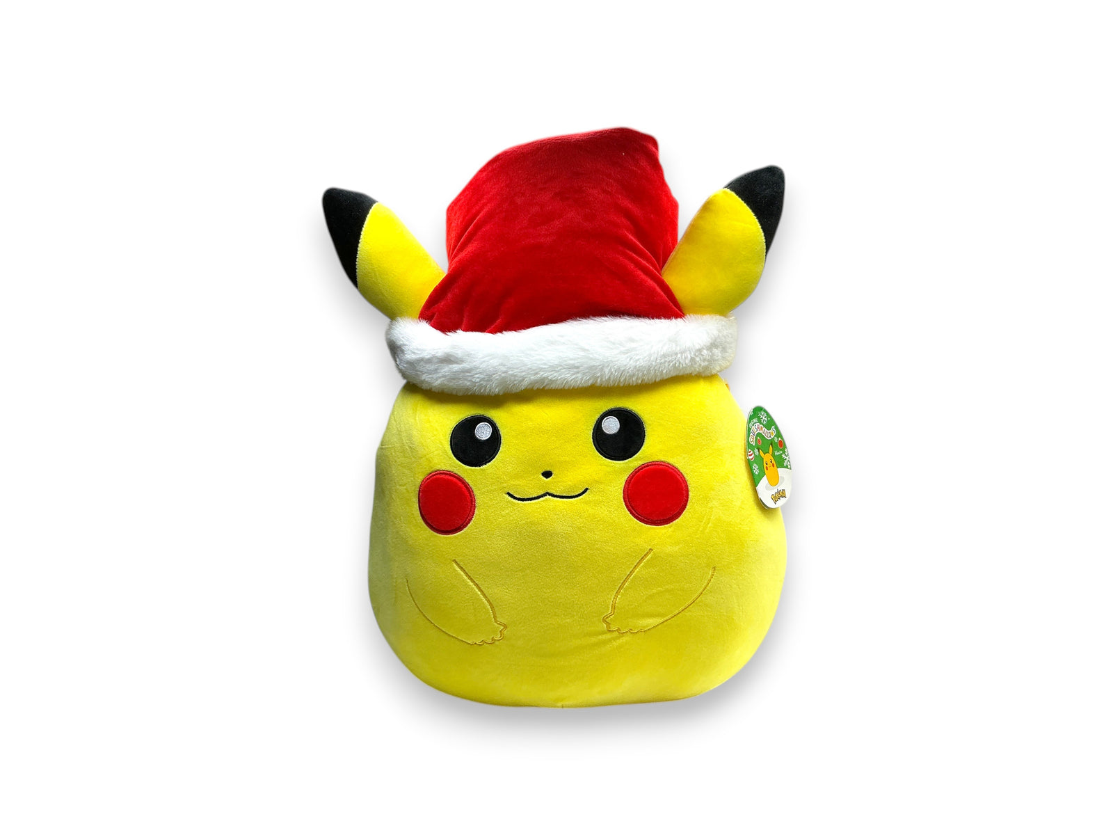 Lowkey Stock 20-inch Pikachu Squishmallow plush wearing a festive red and white Santa hat for the holidays.