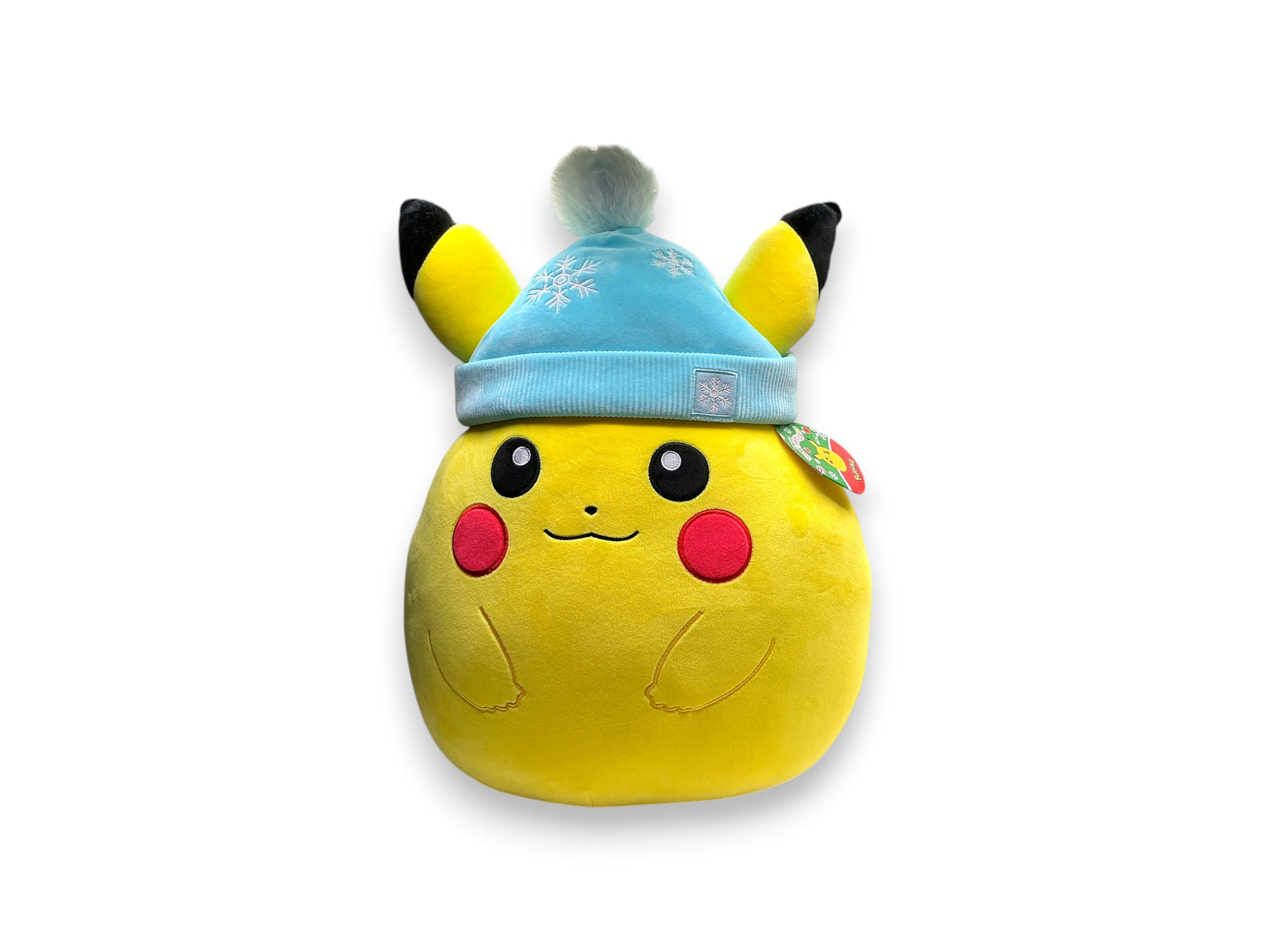 Lowkey Stock 20-inch Pikachu Squishmallow wearing a blue holiday winter hat with snowflake patterns