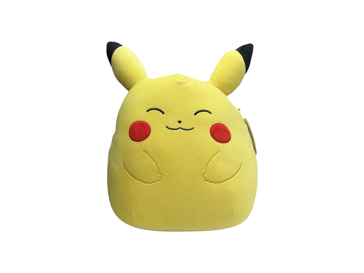 Lowkey Stock 14-inch ultrasoft Pikachu plush with closed eyes and round red cheeks in a round, squishy design.