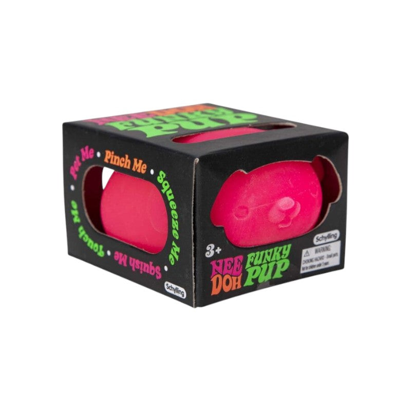 Lowkey Stock Schylling NeeDoh Funky Pup pink squishy fidget toy in its original black display box