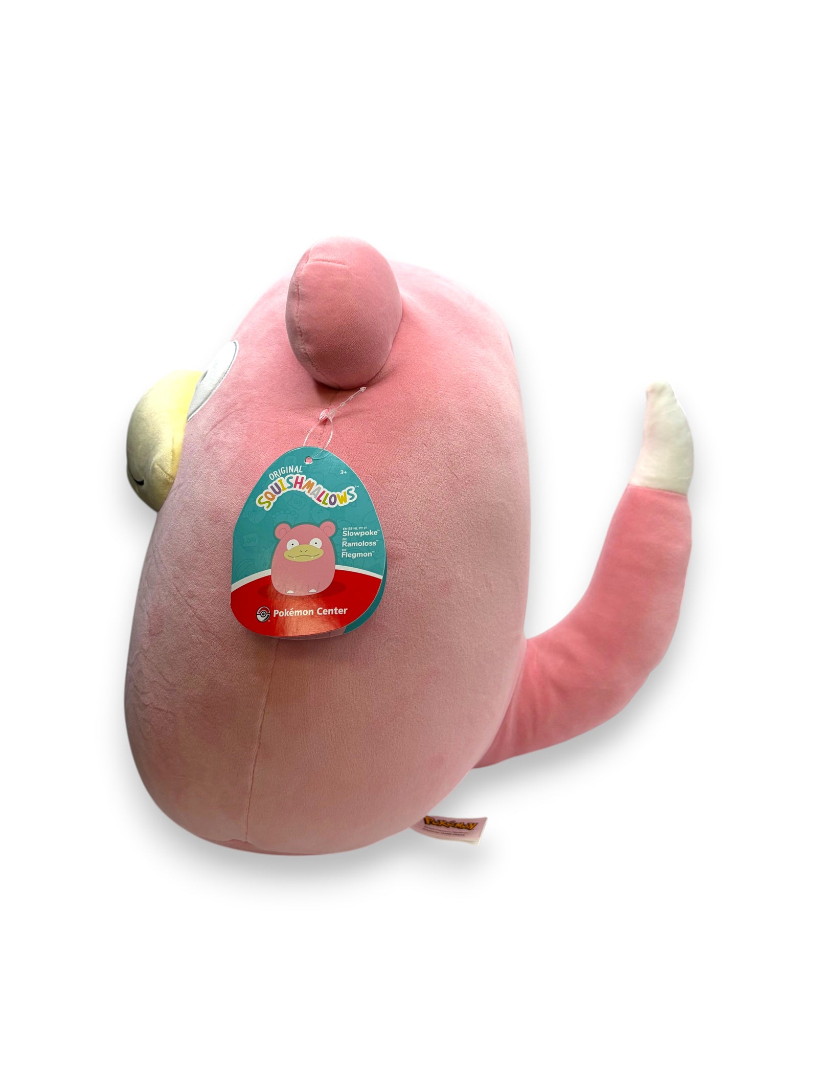 Lowkey Stock 14-inch pink Slowpoke Pokémon Squishmallows plush toy with a white-tipped tail and original hang tag