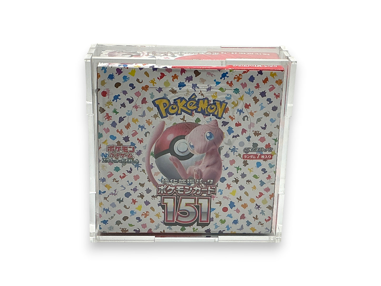 Lowkey Stock Pokemon 151 Sv2a Scarlet & Violet Japanese sealed booster box in a protective acrylic display case.