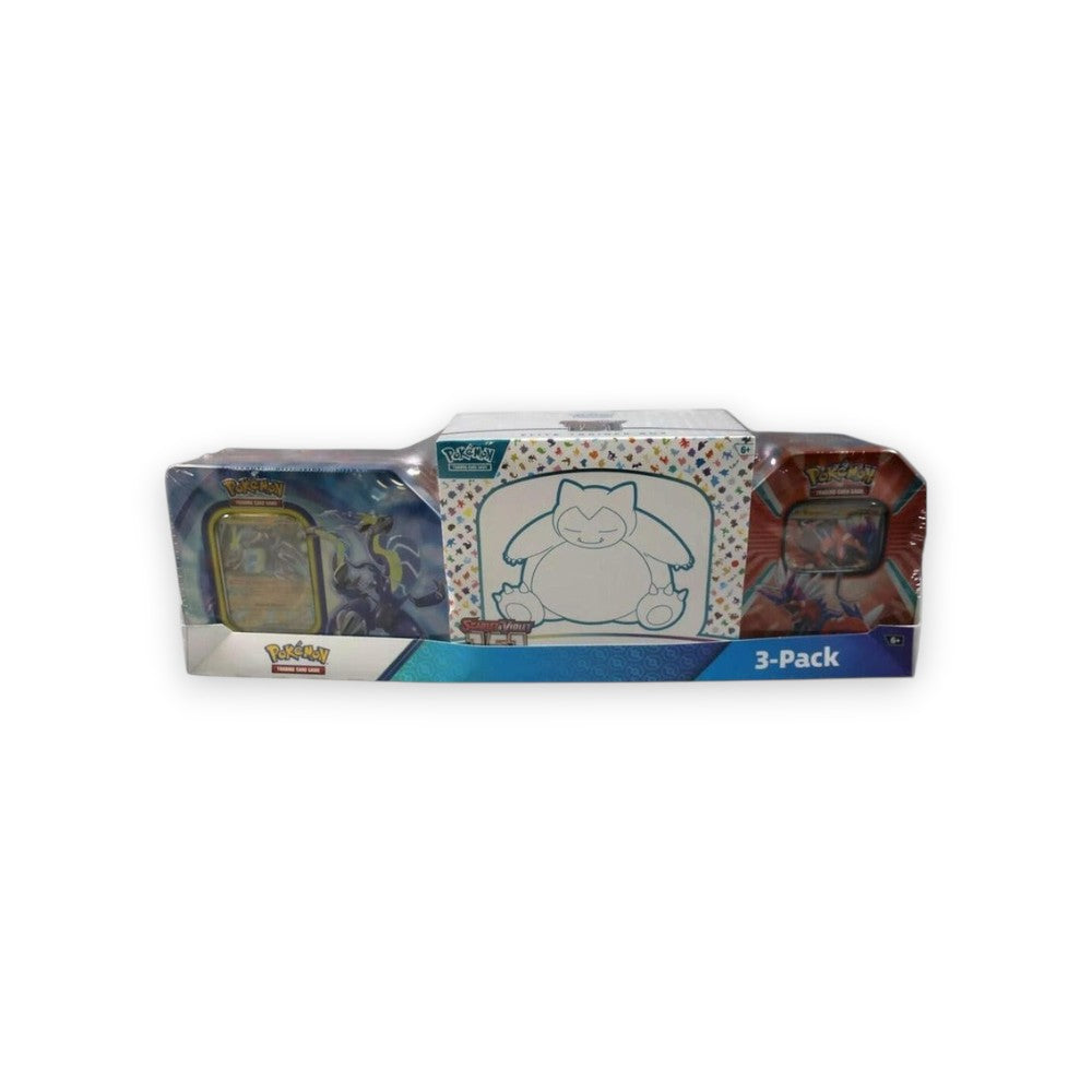 Lowkey Stock factory sealed Pokemon 151 3-pack bundle featuring a Scarlet & Violet Elite Trainer Box and two tins.
