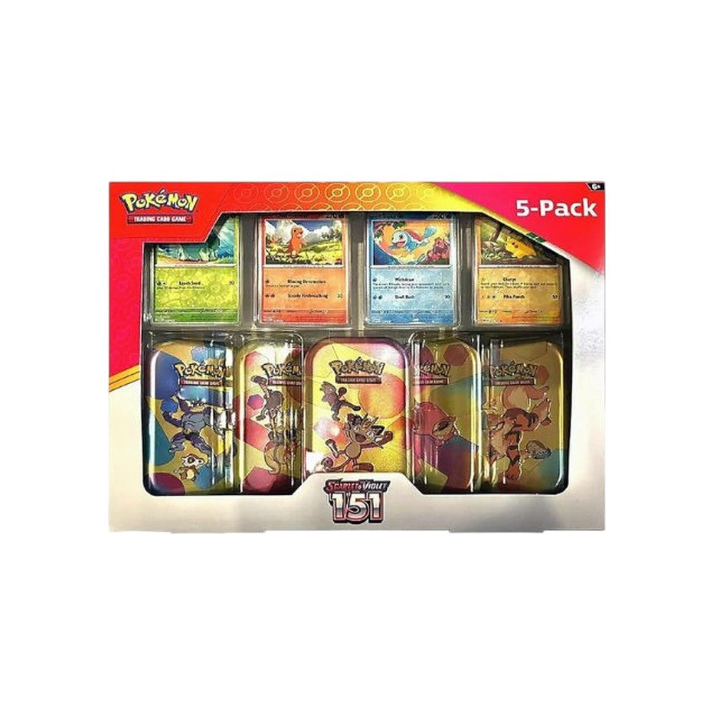 Lowkey Stock Pokémon TCG Scarlet & Violet 151 5-pack mini tin bundle with booster packs, coins, and promo cards.