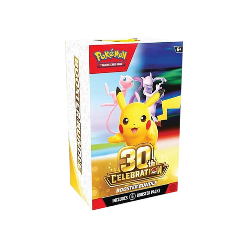 Lowkey Stock Pokemon 30th Celebration Booster Bundle featuring Pikachu, Mew, and Mewtwo on a sealed card box.