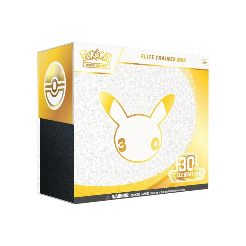 Lowkey Stock factory sealed Pokémon TCG 30th Celebration Elite Trainer Box with gold and white Pikachu branding