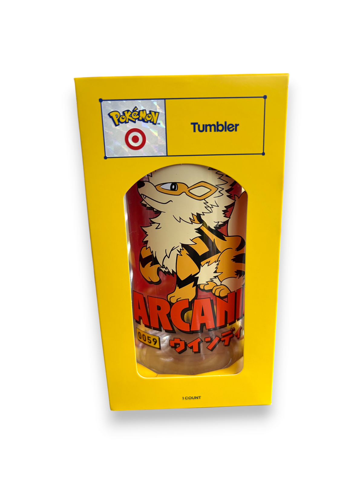 Lowkey Stock Pokemon x Target Arcanine tumbler in yellow branded display box featuring character artwork