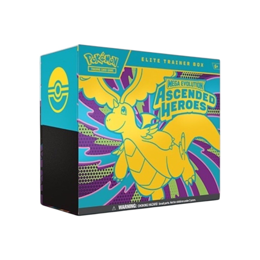 Lowkey Stock Pokémon TCG Mega Evolution Ascended Heroes Elite Trainer Box featuring a yellow Dragonite illustration