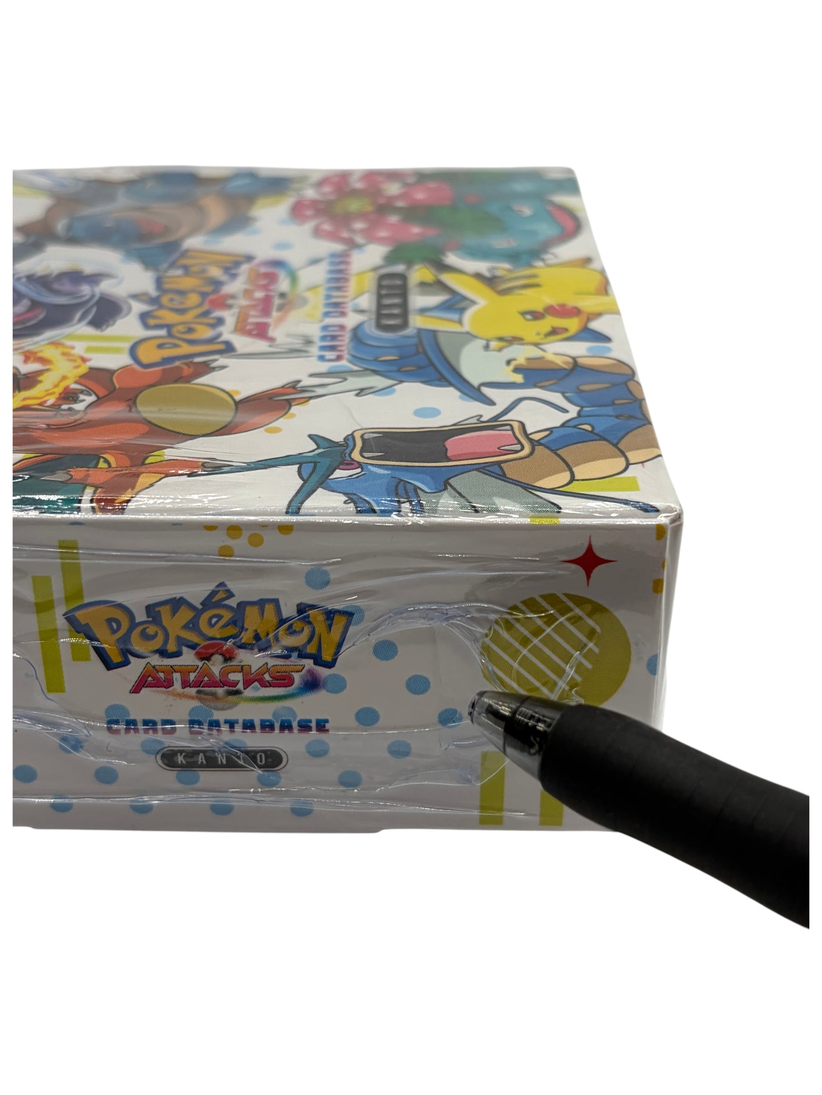 Lowkey Stock sealed Pokemon Attacks Card Database Kanto box with colorful character illustrations on white background