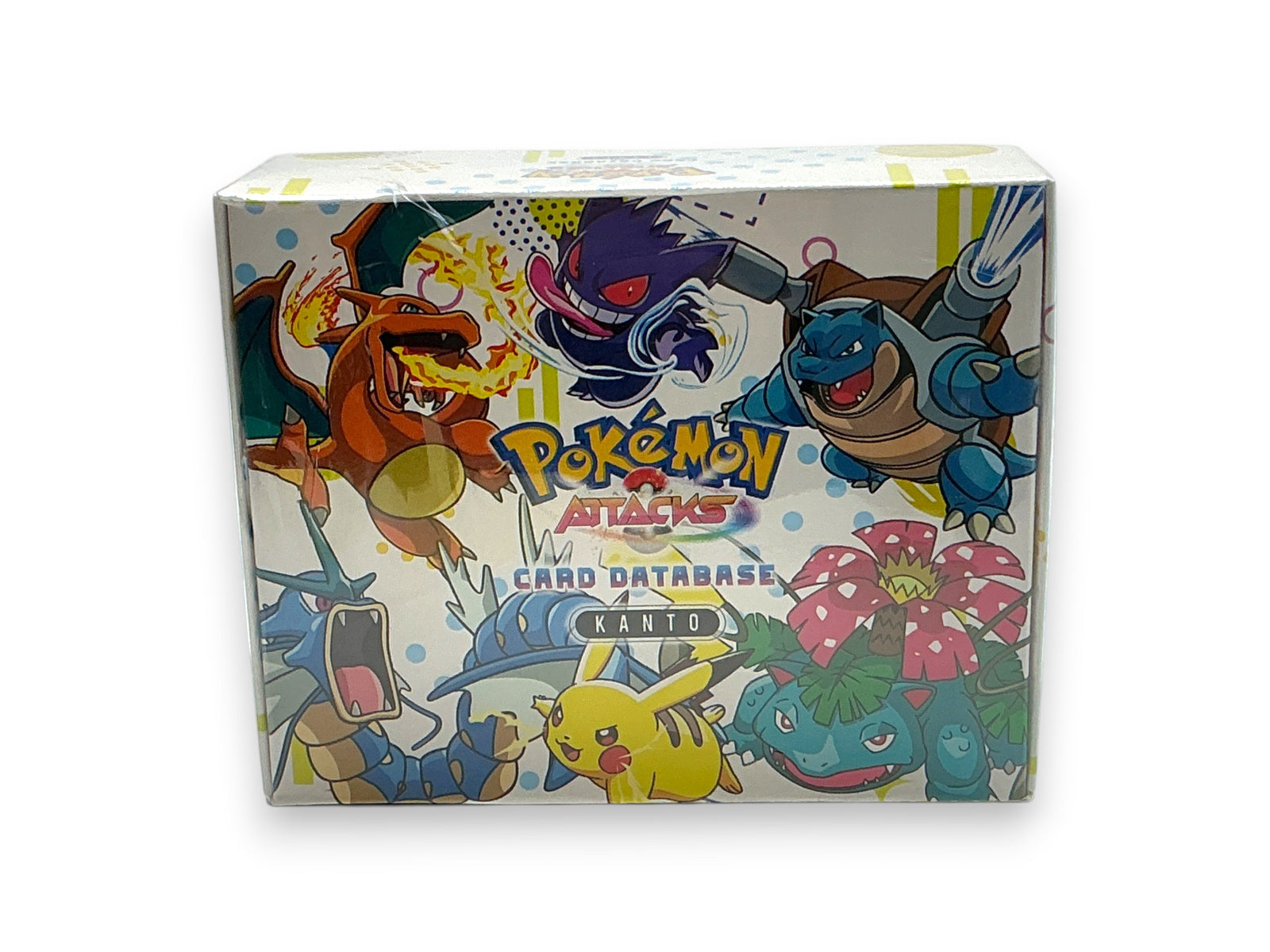 Lowkey Stock sealed Pokemon Attacks Card Database Kanto box featuring Charizard, Gengar, Blastoise, and Pikachu.