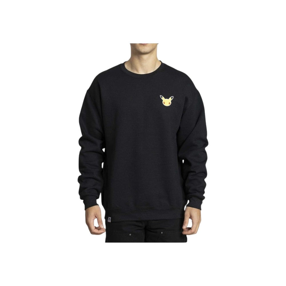 Lowkey Stock Pokémon Center 30th Celebration black crewneck sweatshirt with a small Pikachu face logo on the chest.