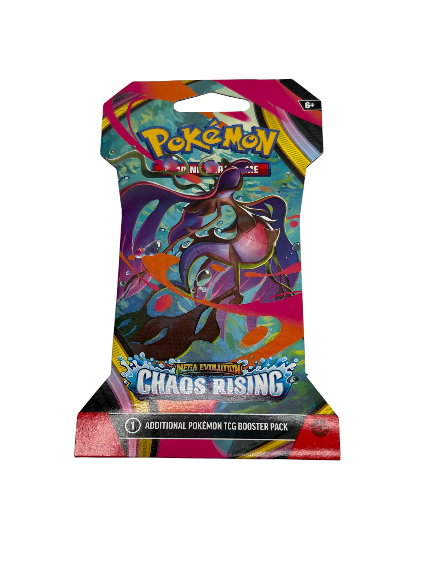 Lowkey Stock Pokémon TCG Mega Evolution Chaos Rising sleeved booster pack with colourful artwork on a white background