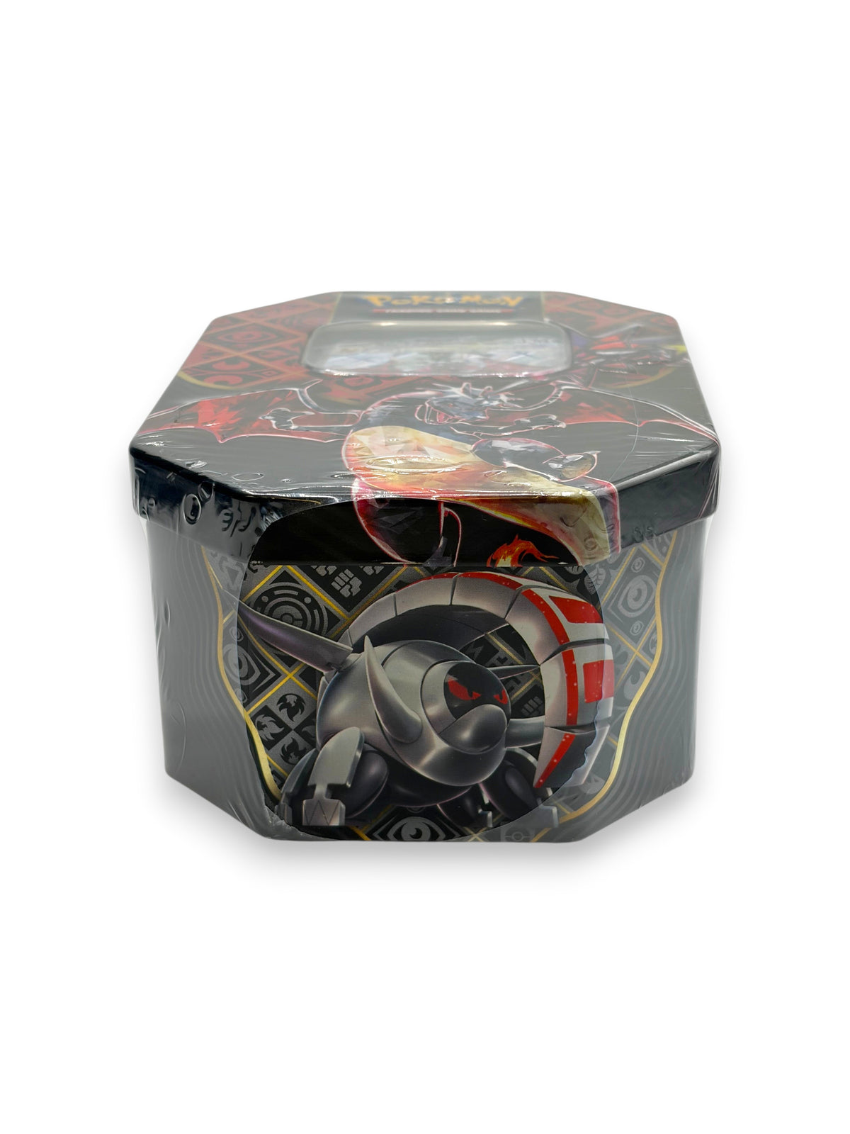 Lowkey Stock sealed Pokemon Paldean Fates Charizard ex collector tin with minor tears in the plastic wrap