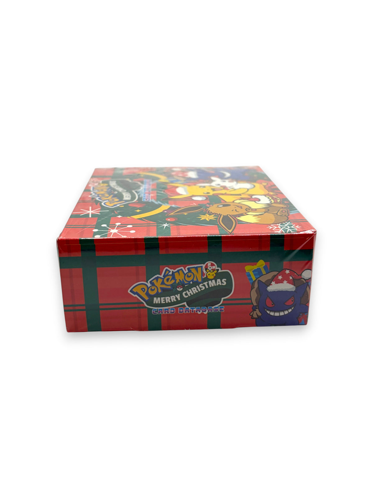 Lowkey Stock Pokémon Merry Christmas sealed card box with festive red and green plaid design and holiday characters