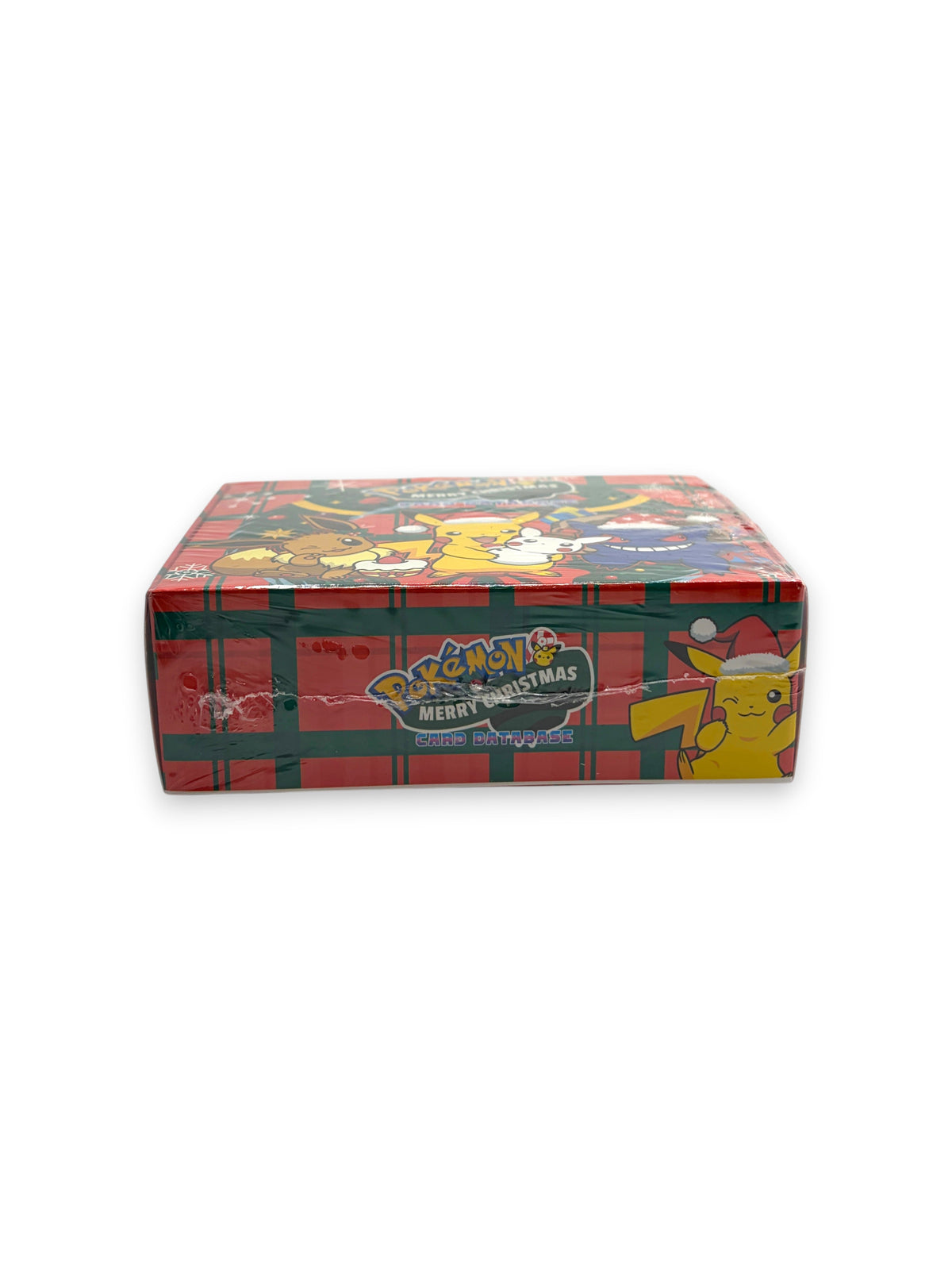 Lowkey Stock Pokémon Merry Christmas sealed card box featuring Pikachu and festive plaid design with 50 cards