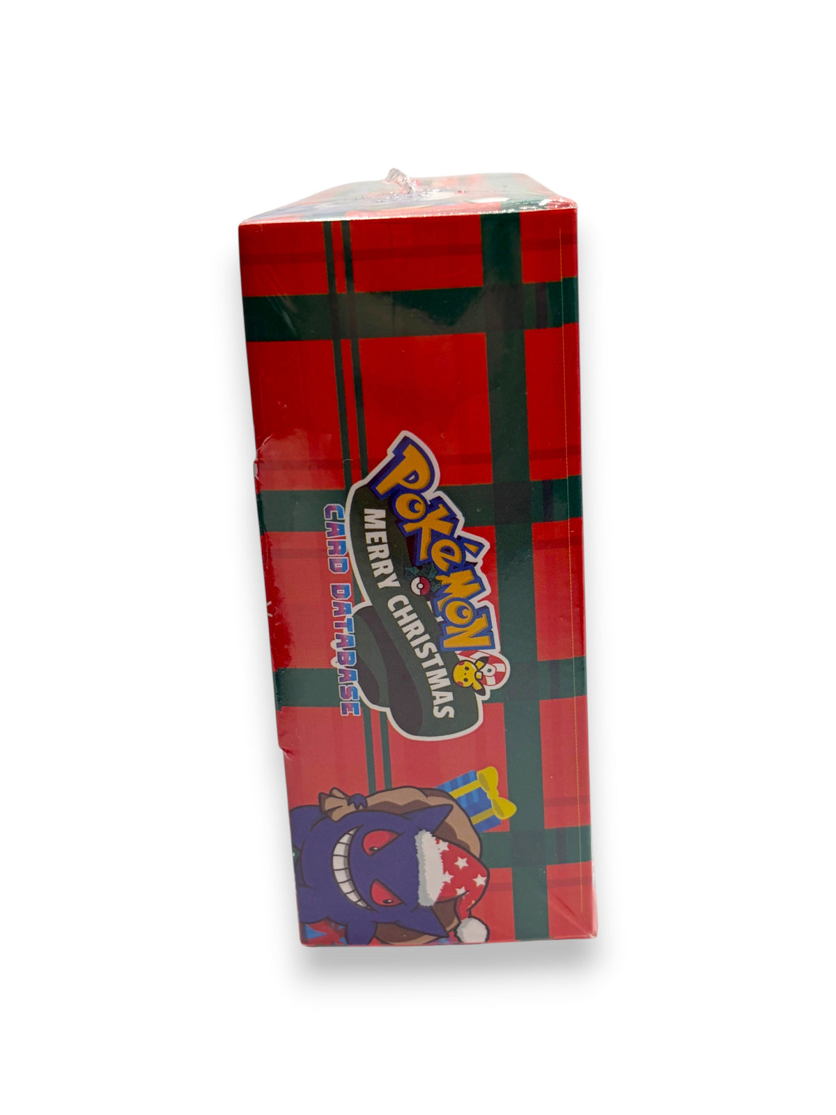 Lowkey Stock Pokémon Merry Christmas card database sealed box with red and green plaid pattern and Gengar illustration
