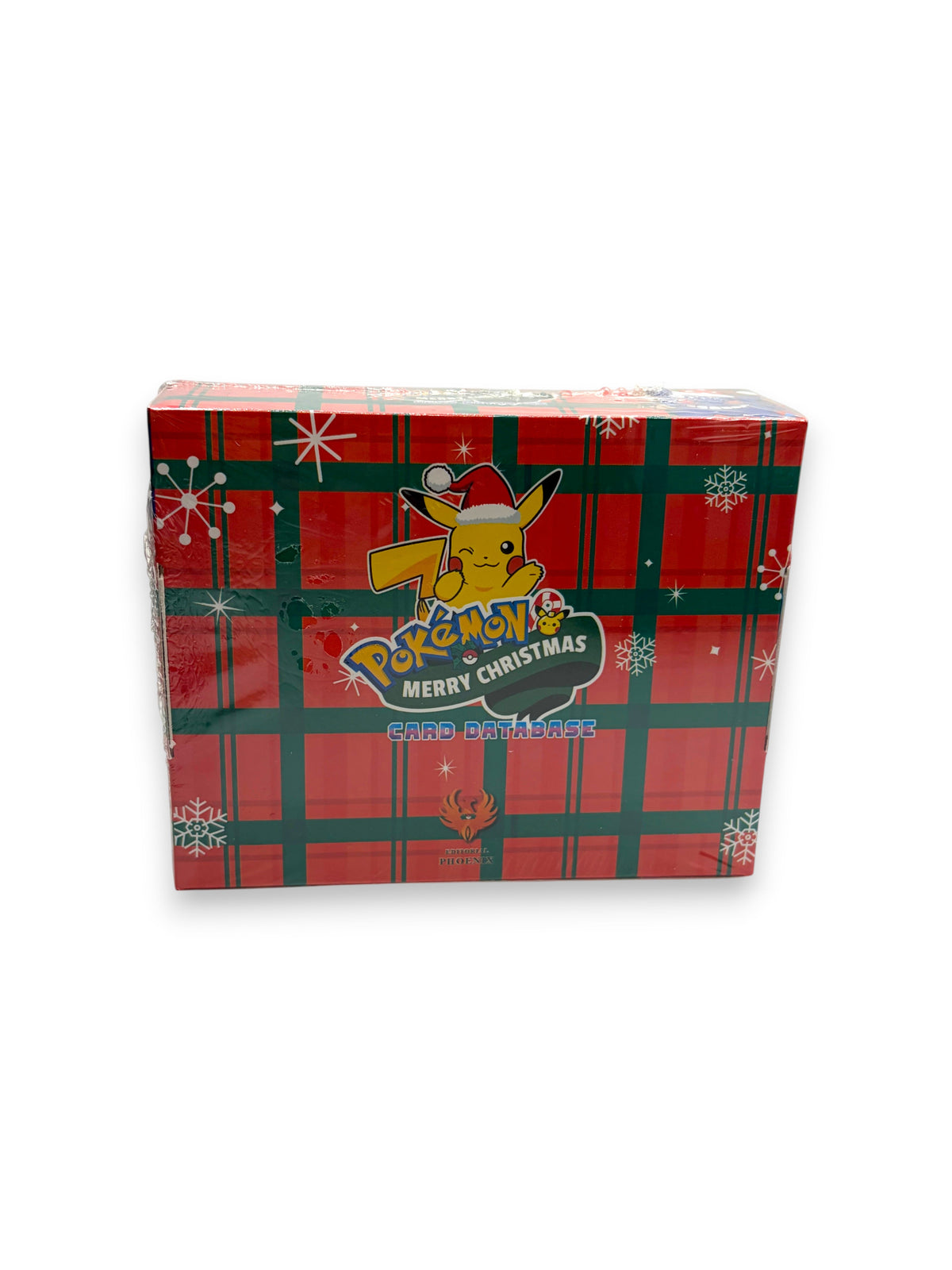 Lowkey Stock sealed Pokémon Merry Christmas card box featuring Pikachu in a Santa hat on a red plaid background