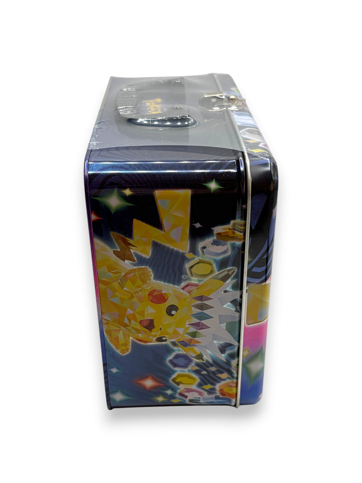 Lowkey Stock factory sealed Pokémon TCG Fall 2024 Collector Chest featuring Pikachu artwork on a metal tin side view
