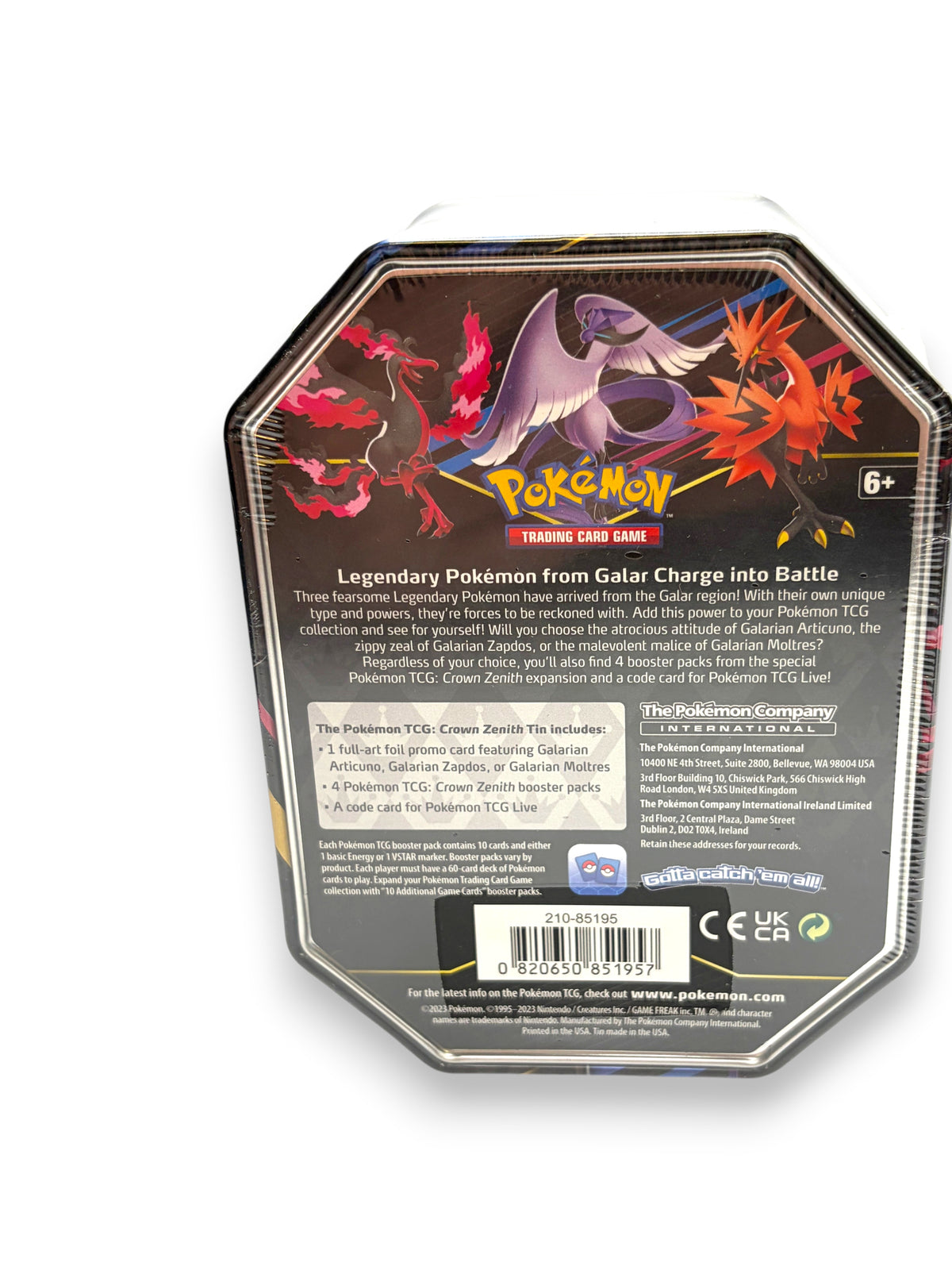 Lowkey Stock sealed Pokemon TCG Crown Zenith Galarian Zapdos tin back view showing legendary bird artwork