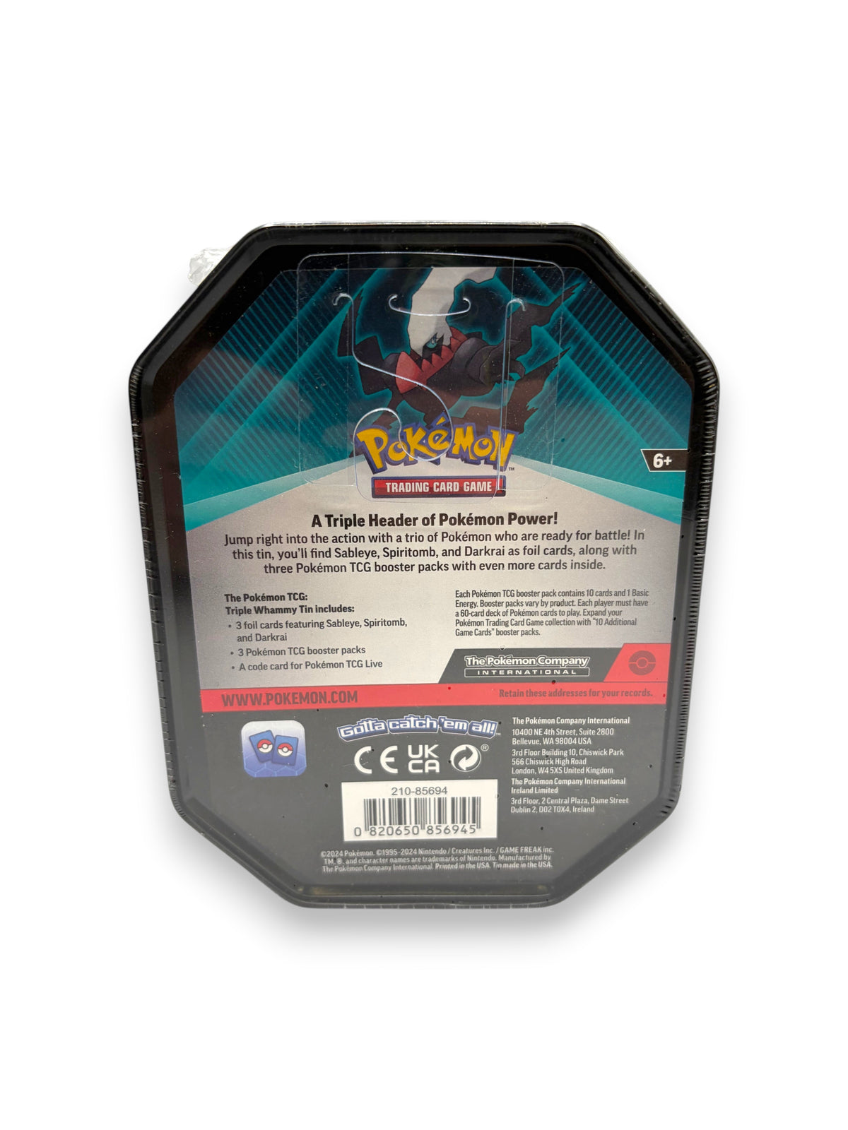Lowkey Stock Pokémon TCG Darkrai Triple Whammy collector tin, factory sealed with booster packs and foil cards.