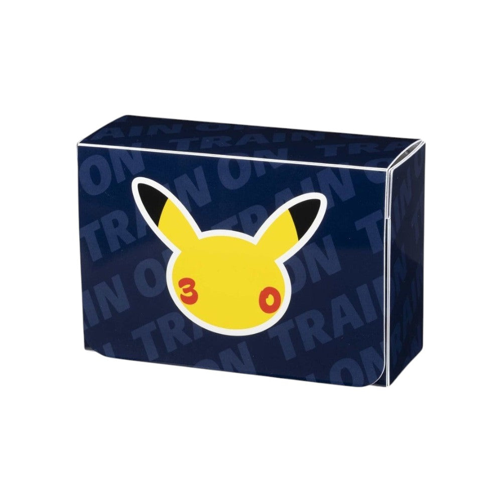 Lowkey Stock Pokémon 30th Celebration double deck box in navy blue with a yellow Pikachu silhouette logo