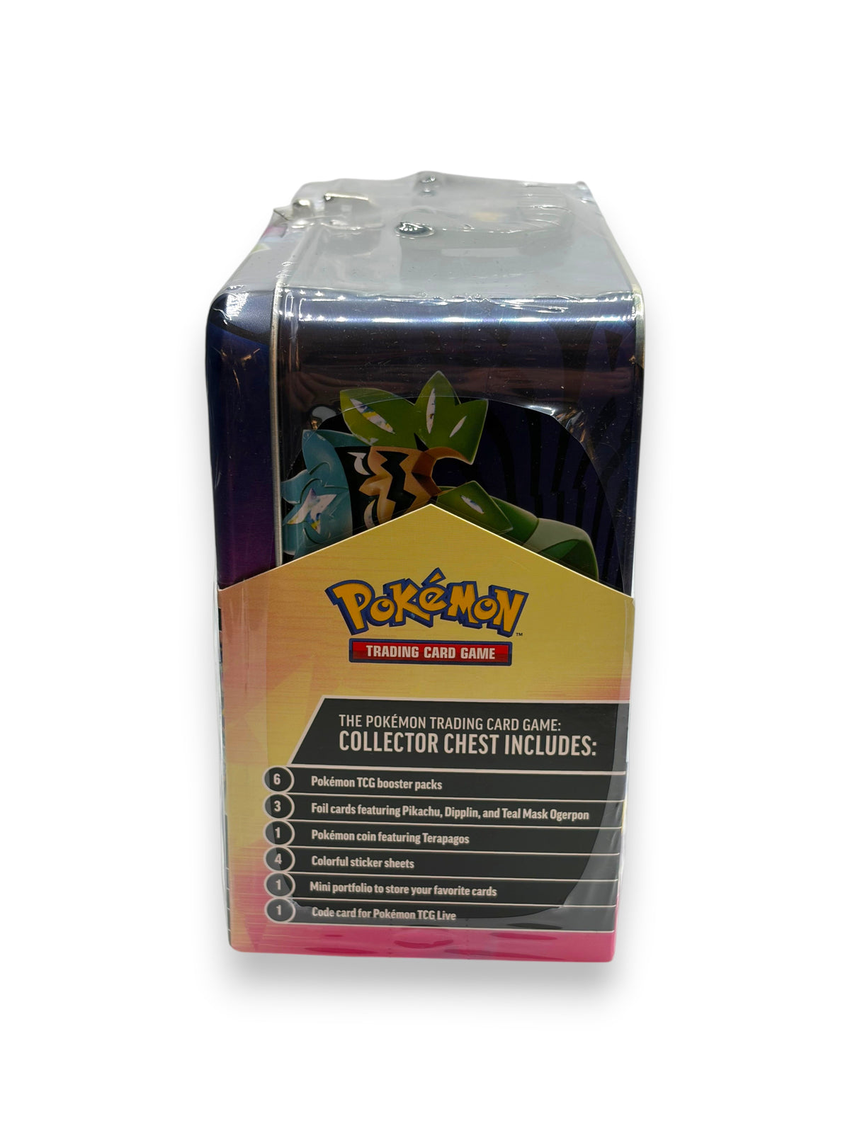 Lowkey Stock Pokémon TCG Fall 2024 Collector Chest in factory sealed metal tin with Pikachu, Dipplin, and Ogerpon art.