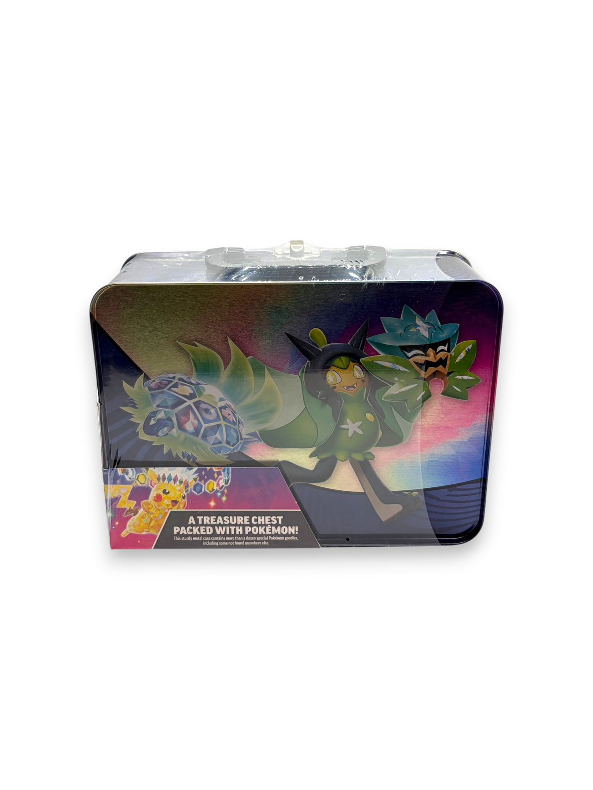 Lowkey Stock Pokémon TCG Fall 2024 Collector Chest metal tin featuring Pikachu, Dipplin, and Teal Mask Ogerpon art