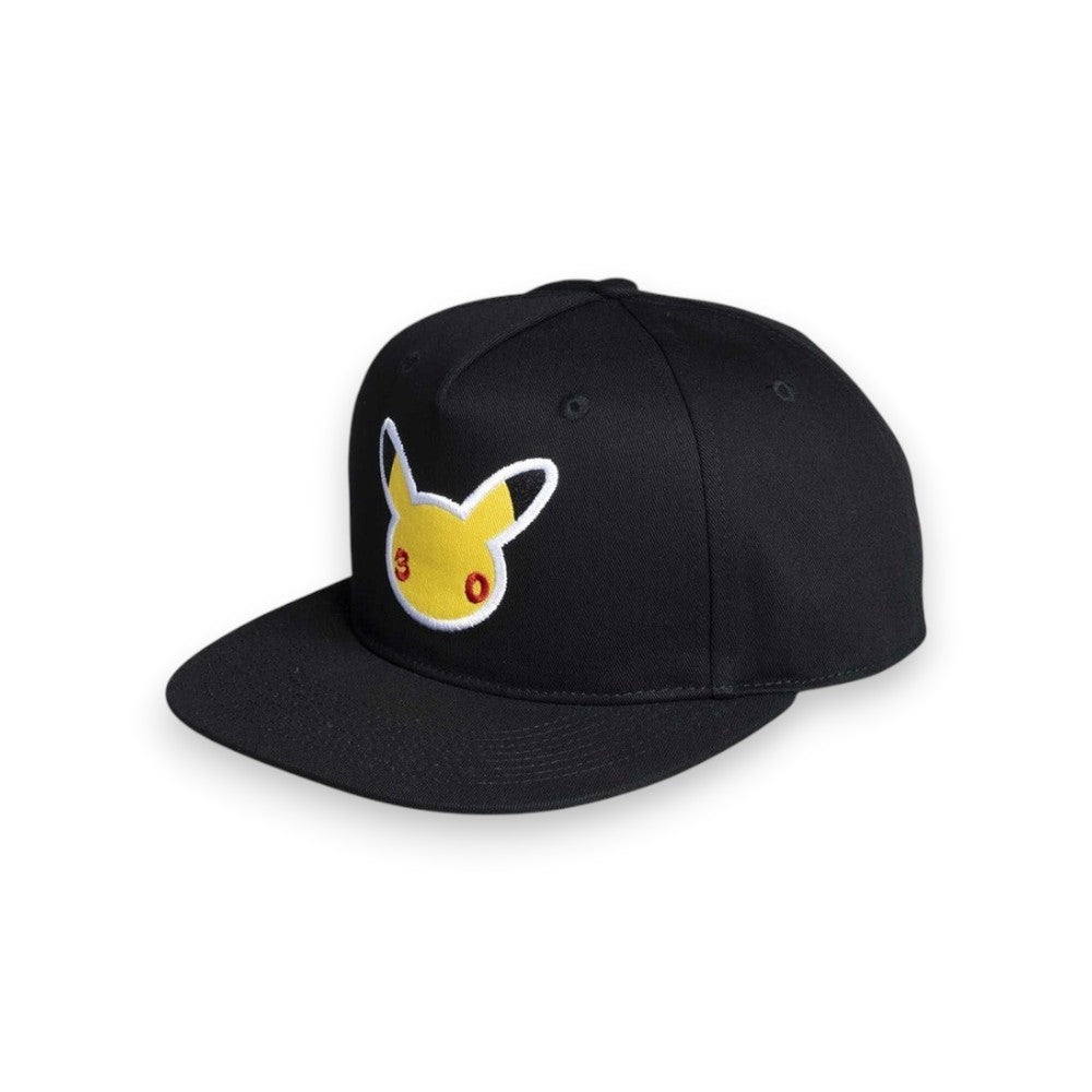 Lowkey Stock black Pokémon 30th Celebration flat-bill hat featuring an embroidered Pikachu face logo