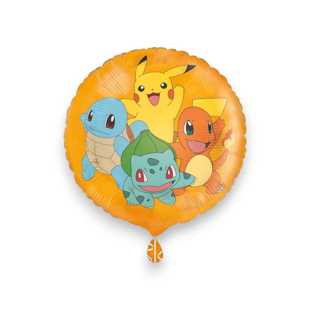 Lowkey Stock round orange foil balloon featuring Pikachu, Squirtle, Bulbasaur, and Charmander for party decoration