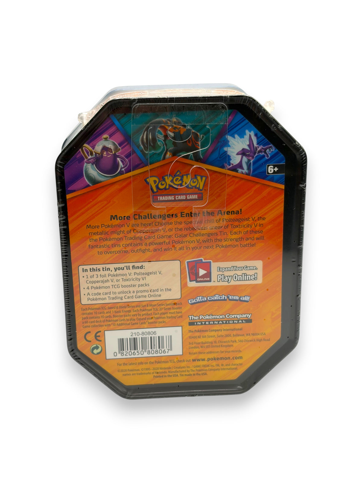 Lowkey Stock Pokémon TCG Galar Challengers Tin featuring Toxtricity V back view with product details and branding