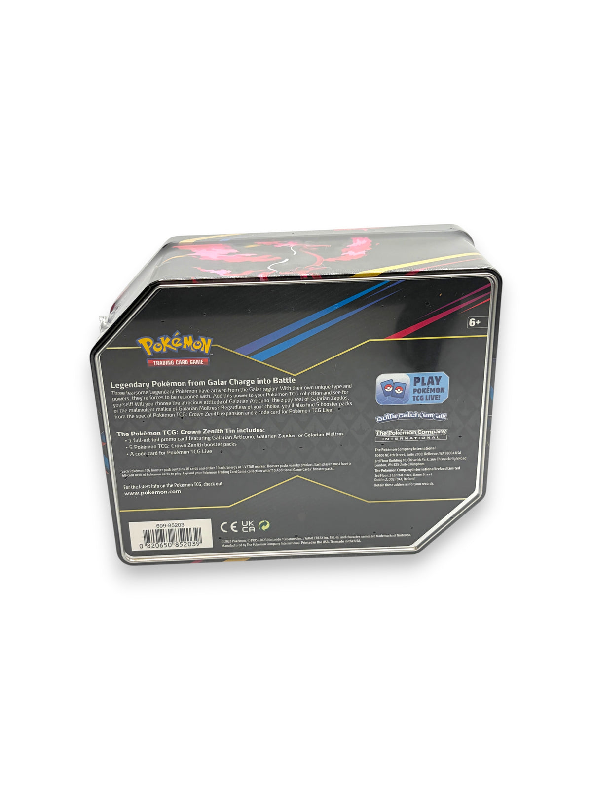 Lowkey Stock Crown Zenith Pokemon TCG Galarian Moltres sealed tin back view showing product details and branding