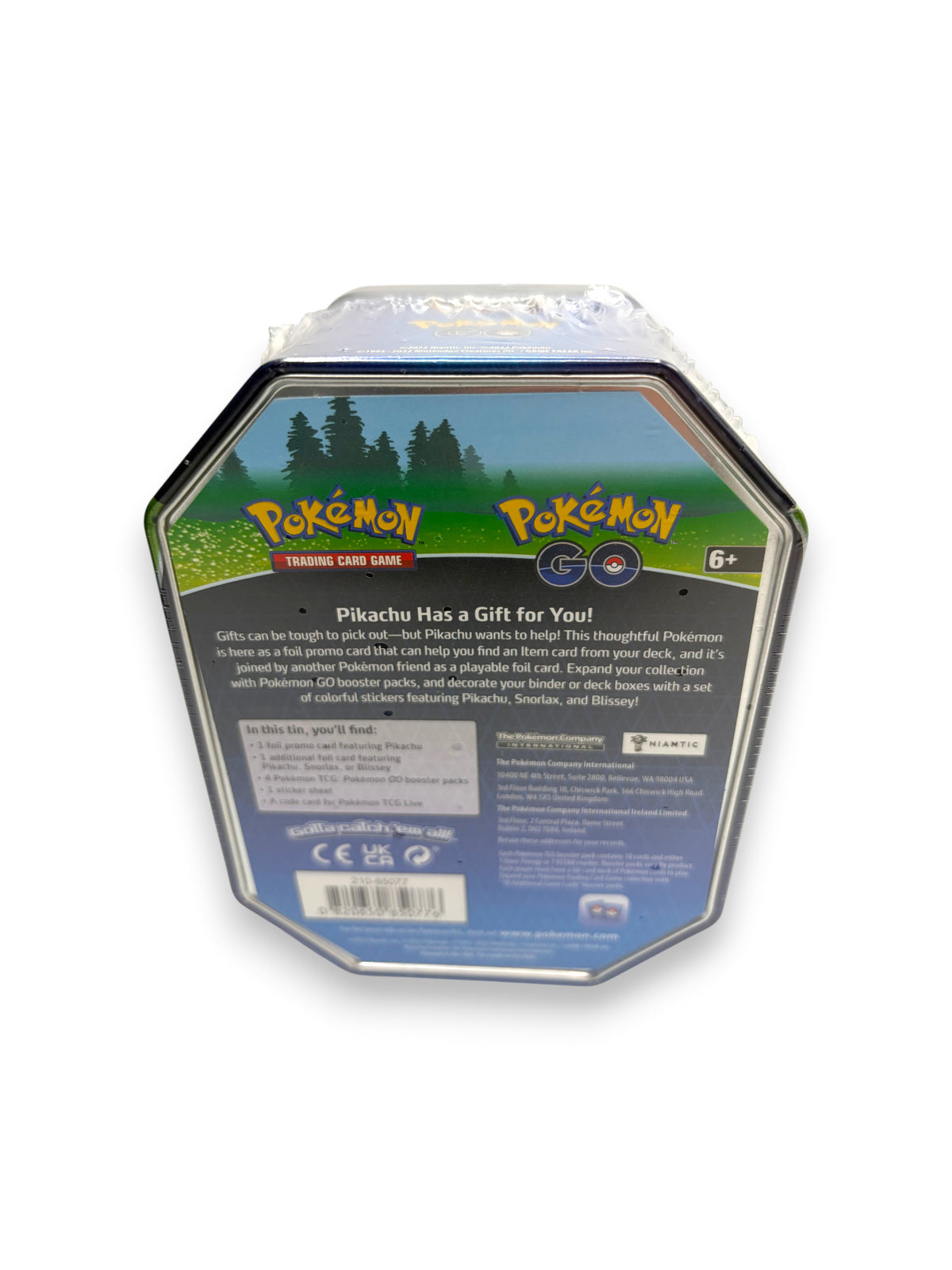 Lowkey Stock factory sealed Pokémon TCG Pokémon GO Pikachu tin showing the back panel with product details
