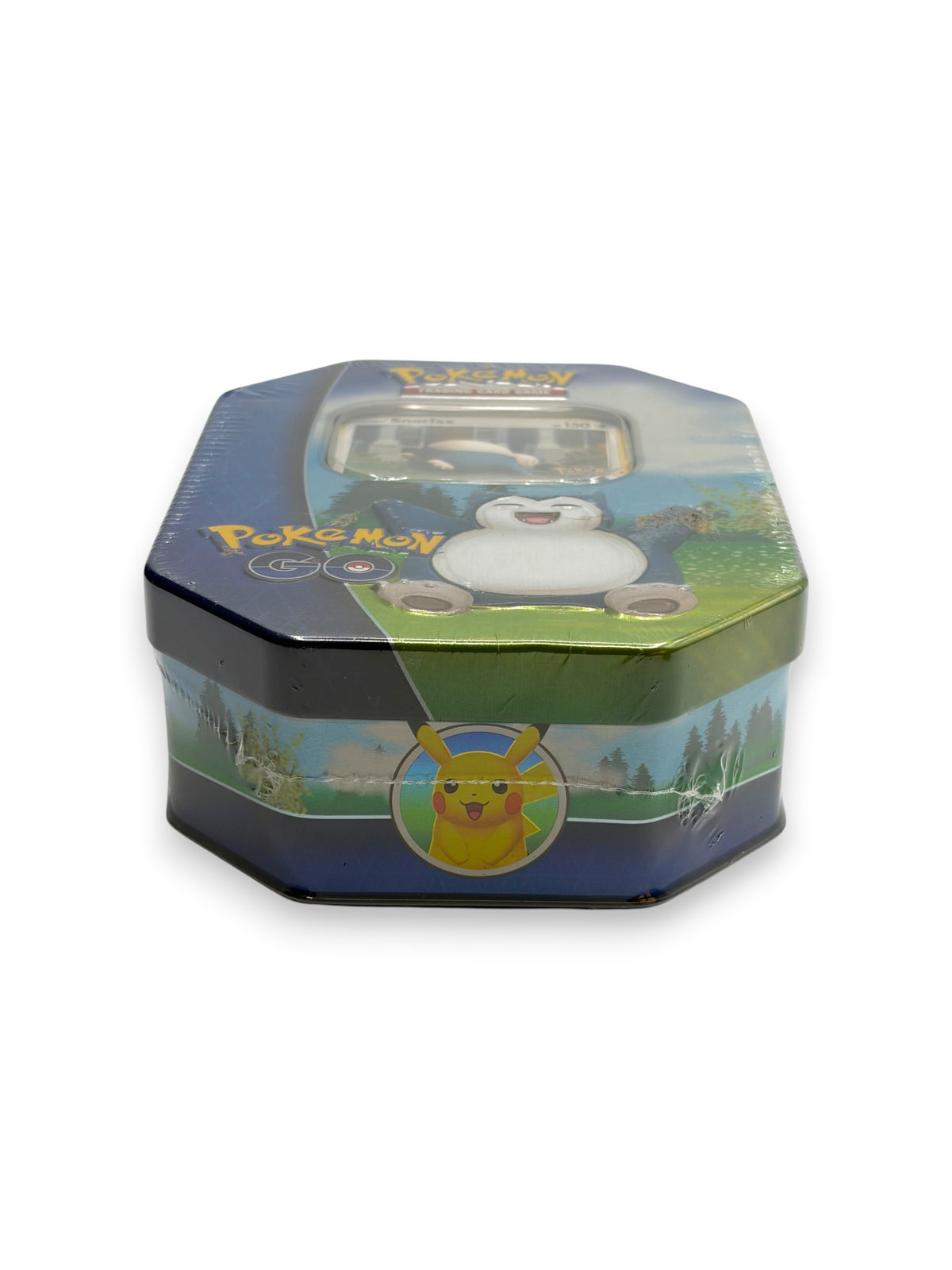 Lowkey Stock Pokemon TCG Pokemon GO Snorlax thin tin, factory sealed with Pikachu and Snorlax artwork.