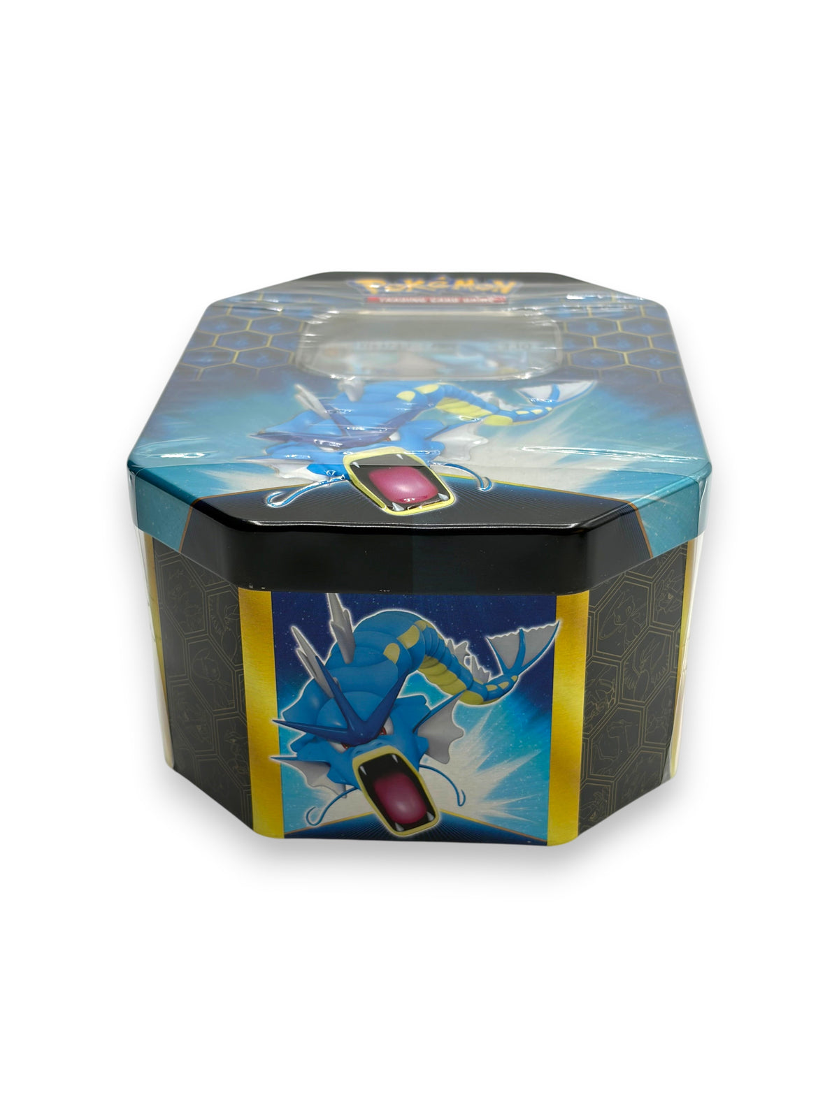 Lowkey Stock Pokemon TCG Hidden Fates Gyarados ex collector tin featuring blue Gyarados artwork and booster packs