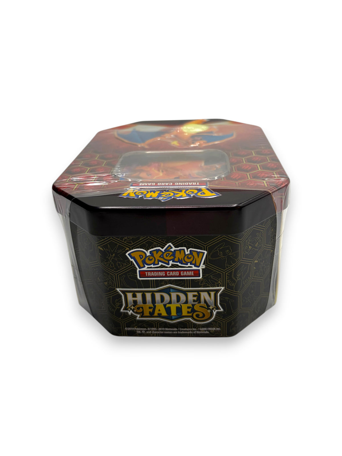 Lowkey Stock Pokémon TCG Hidden Fates Charizard GX collector tin with partial factory plastic wrap