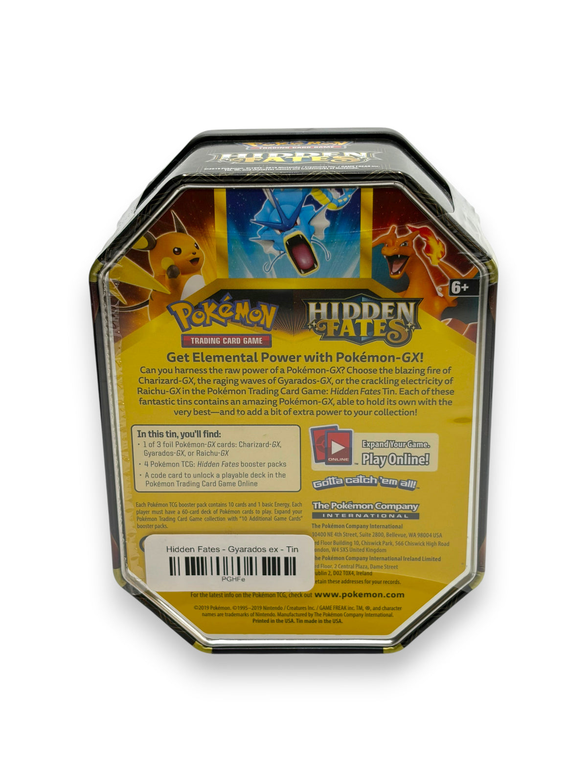 Lowkey Stock Pokemon TCG Hidden Fates Gyarados ex collector tin featuring Charizard, Gyarados, and Raichu artwork