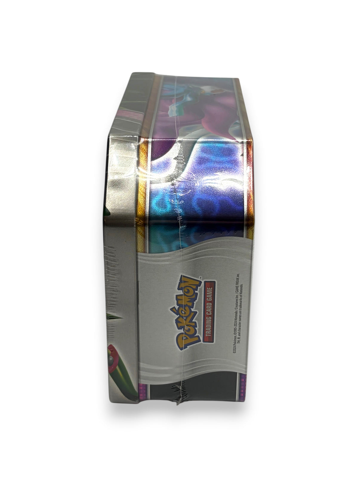 Lowkey Stock sealed Pokemon Paradox Clash Iron Leaves ex trading card game tin, side view showing metallic finish
