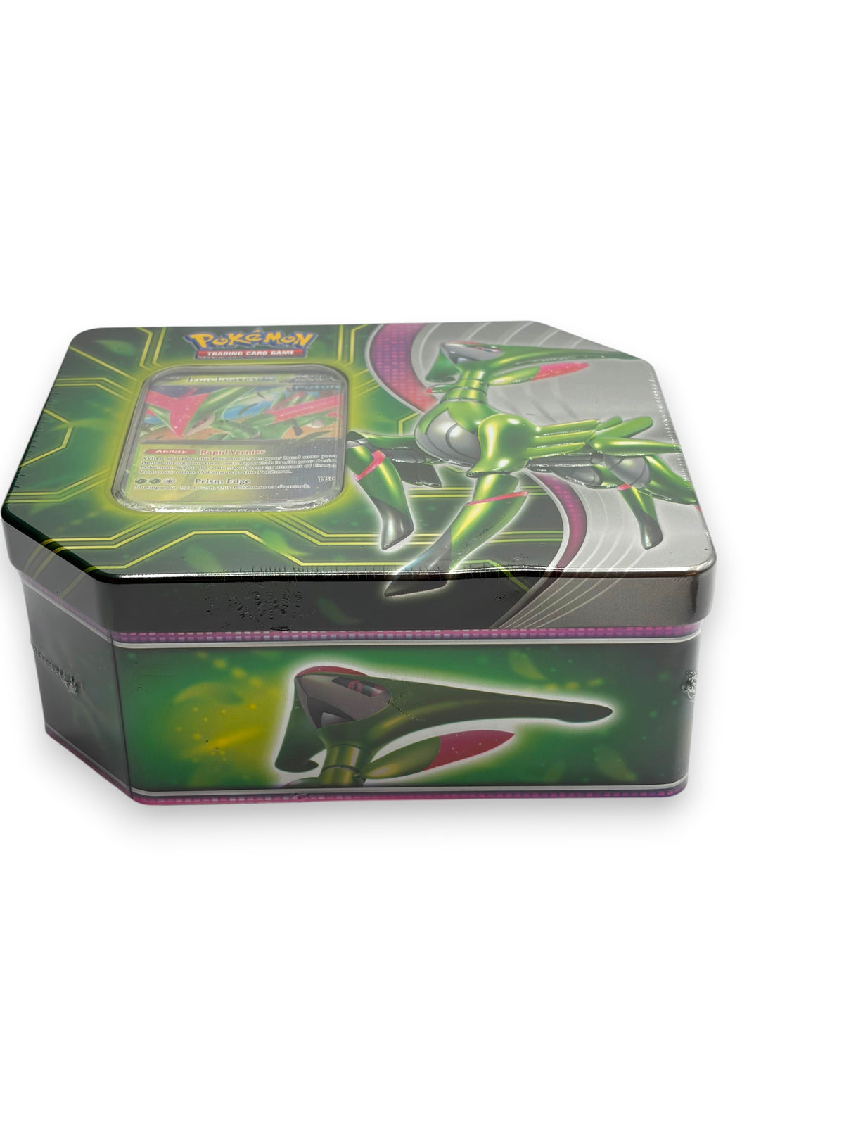 Lowkey Stock sealed Pokemon Paradox Clash Tin featuring Iron Leaves ex artwork in a green hexagonal metal container.