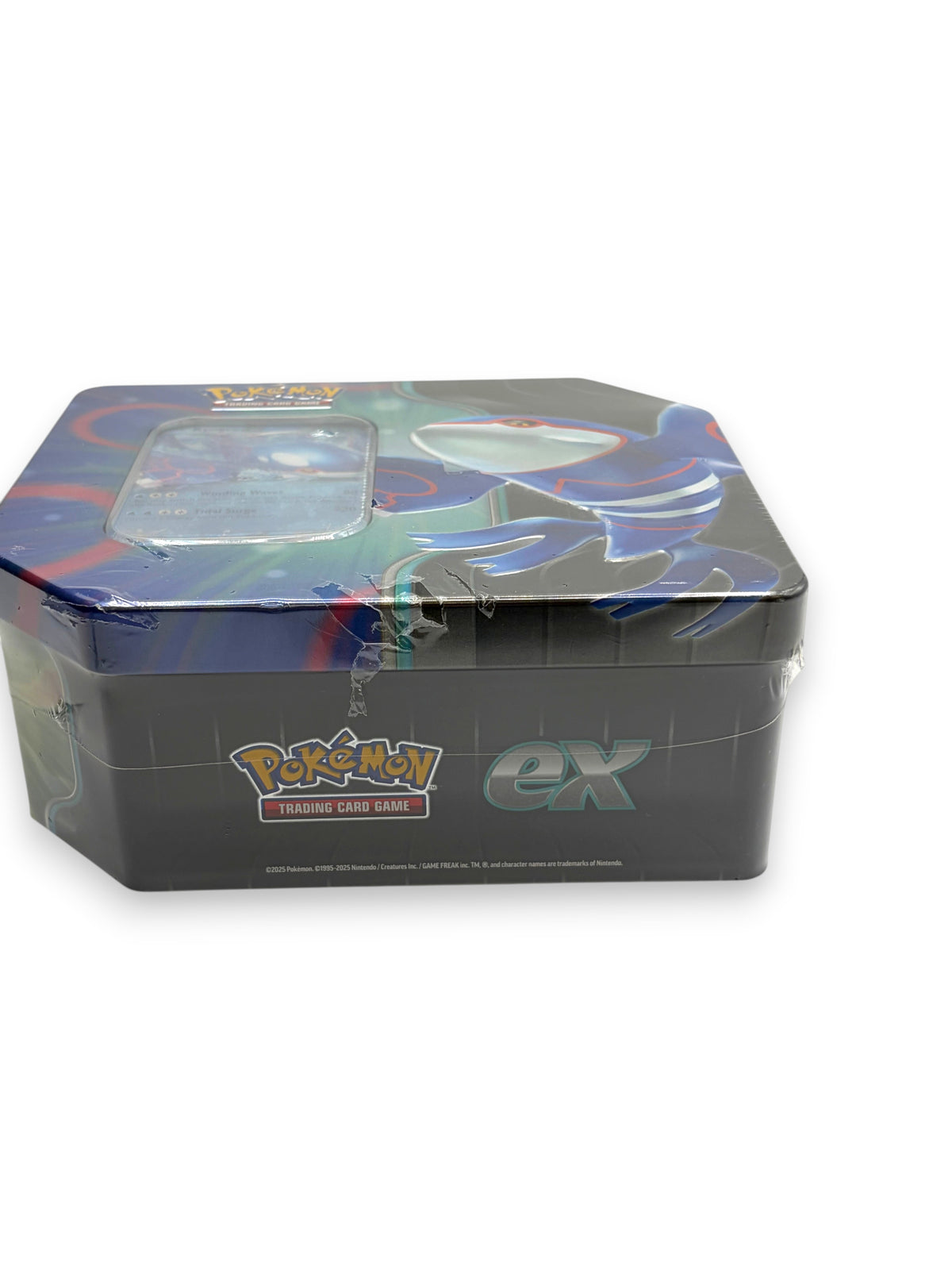 Lowkey Stock sealed Pokémon TCG Azure Legends tin featuring Kyogre ex artwork on a black metal container