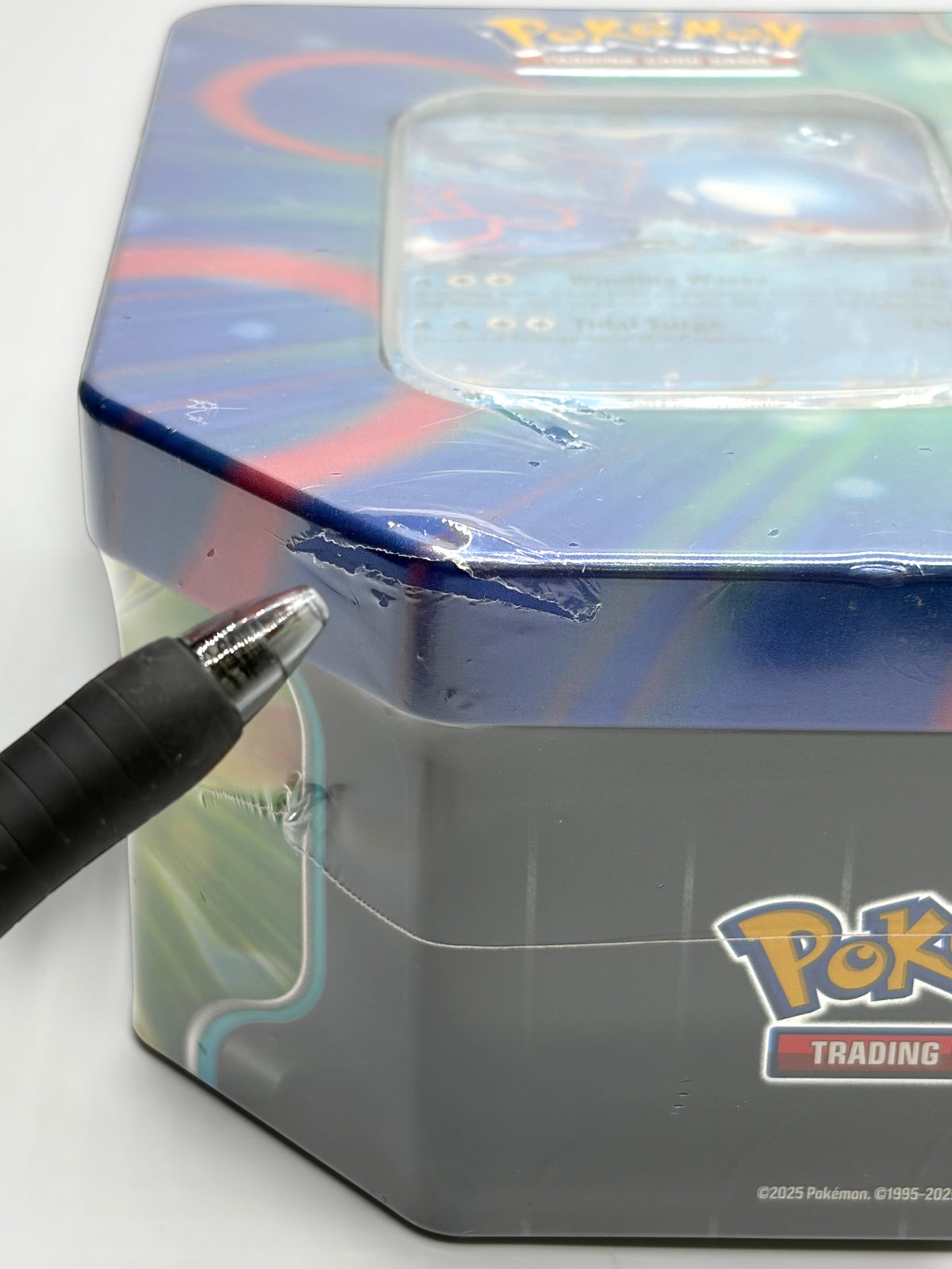 Lowkey Stock Pokémon TCG Azure Legends Kyogre ex tin showing a small tear in the factory plastic seal