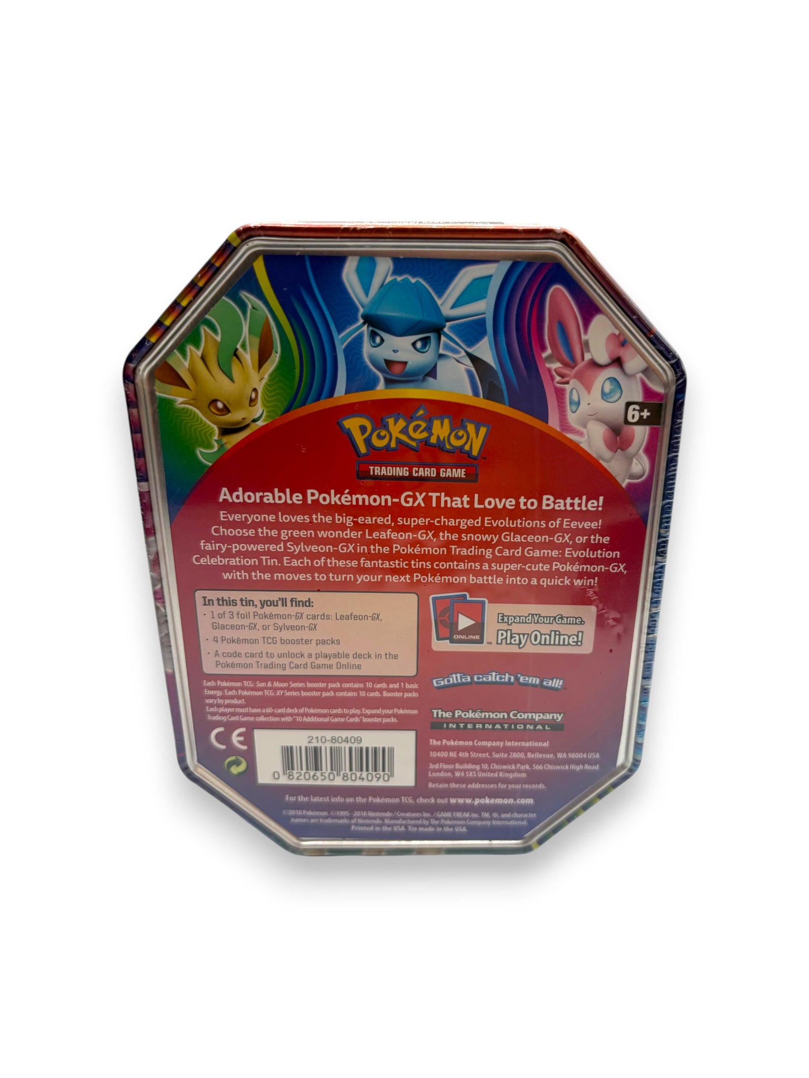 Lowkey Stock Pokemon Leafeon GX 2018 collector tin featuring Eevee evolutions, factory sealed with four booster packs