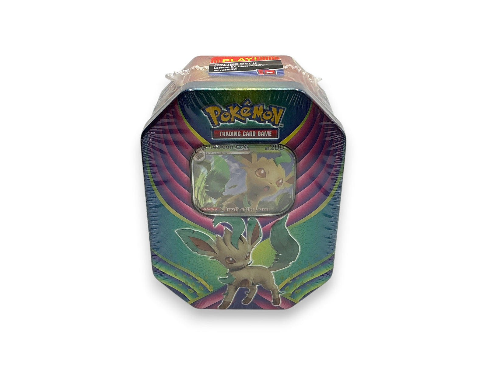 Lowkey Stock Pokemon Leafeon GX trading card game tin, factory sealed with 4 booster packs, 2018 edition