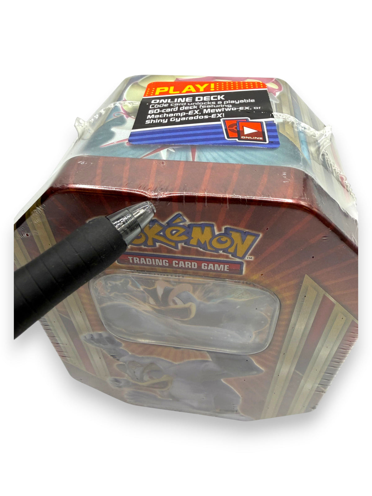Lowkey Stock factory sealed 2016 Pokemon XY Triple Power Machamp EX collector tin with plastic wrap and pen pointing