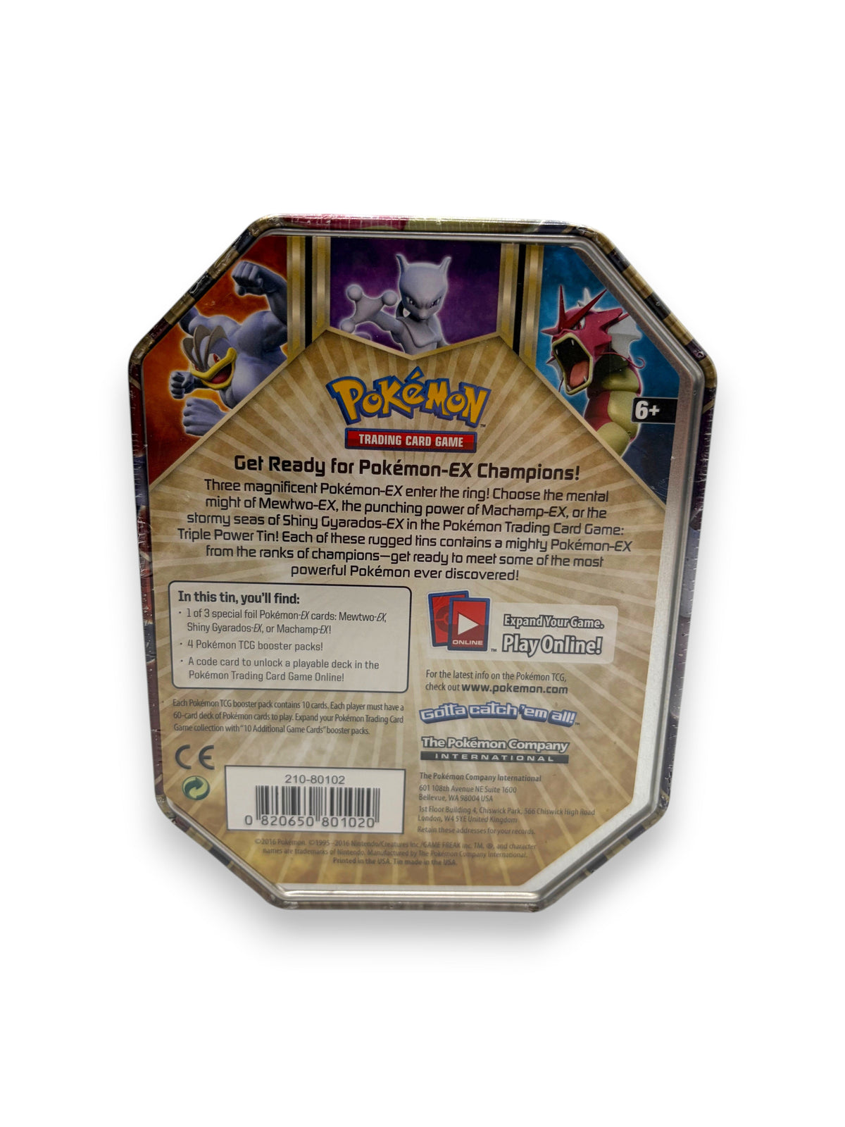 Lowkey Stock 2016 Pokemon XY Triple Power Machamp EX collector tin back view with character artwork