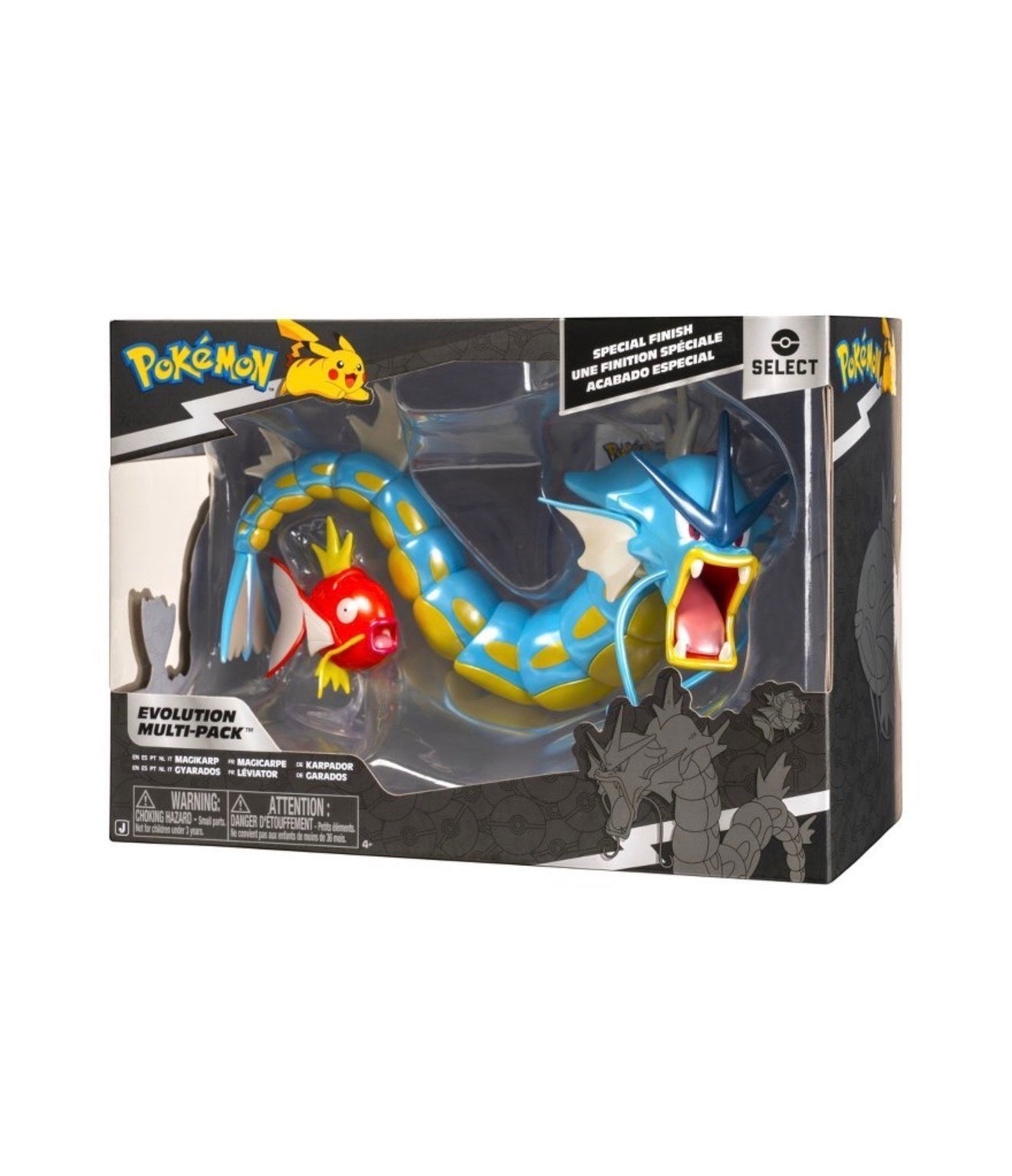Lowkey Stock Pokémon Select Evolution Multipack featuring a 2-inch Magikarp and a 12-inch Gyarados figure in box.