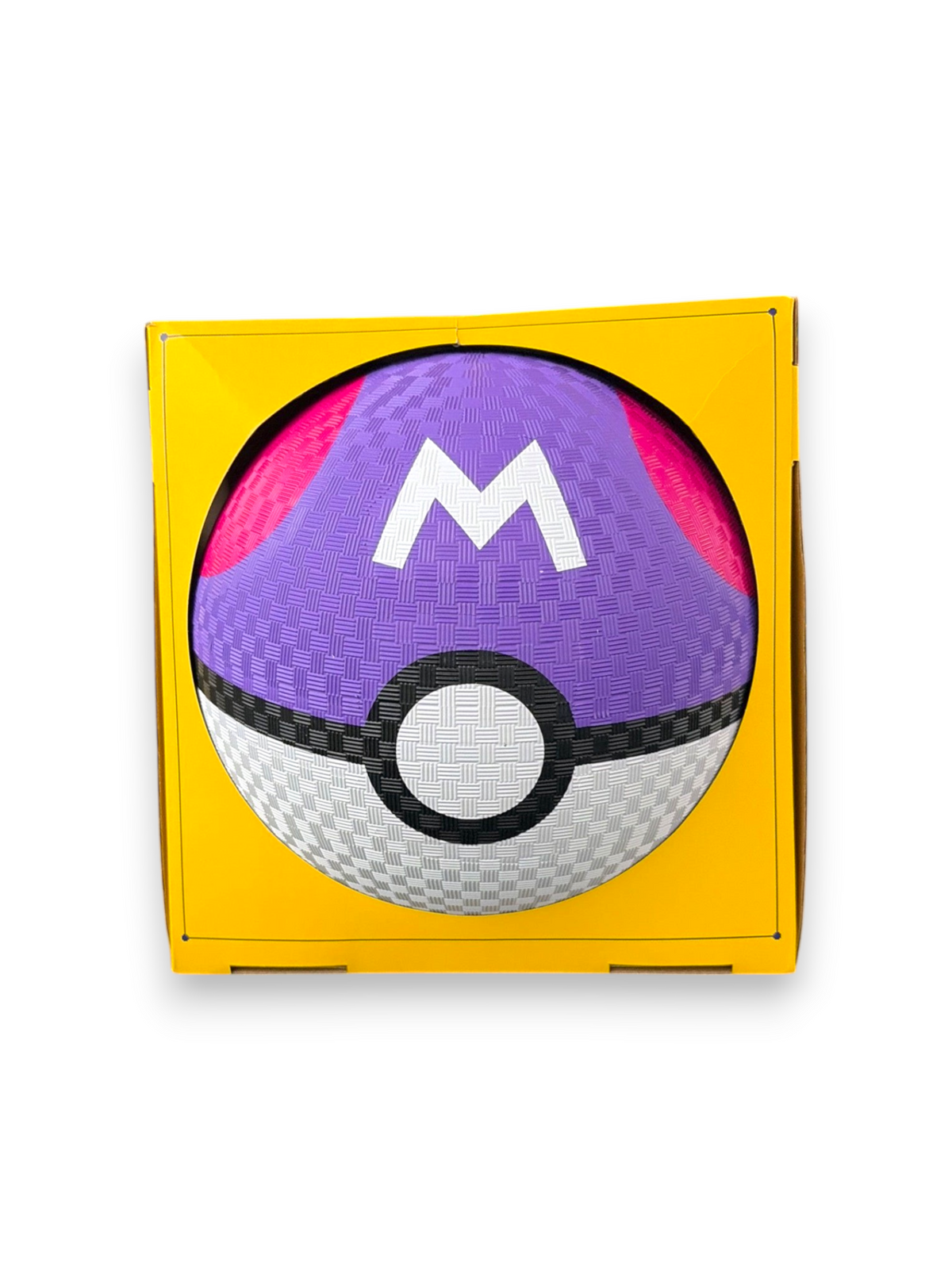 Lowkey Stock Pokemon Masterball kick ball in purple and white featuring a textured surface inside yellow packaging
