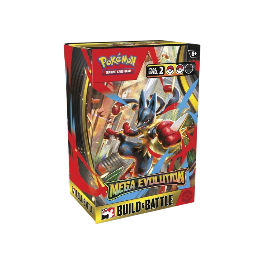 Lowkey Stock Pokémon TCG Mega Evolution Build & Battle Box featuring Lucario artwork on a factory sealed card box.